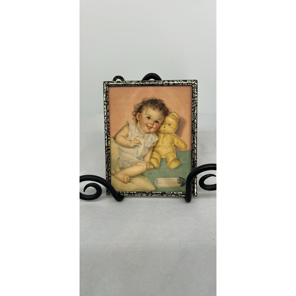 Vintage  Charlotte Becker Framed Litho Print Baby with Teddy Bear 4" x 5" - Picture 2 of 3